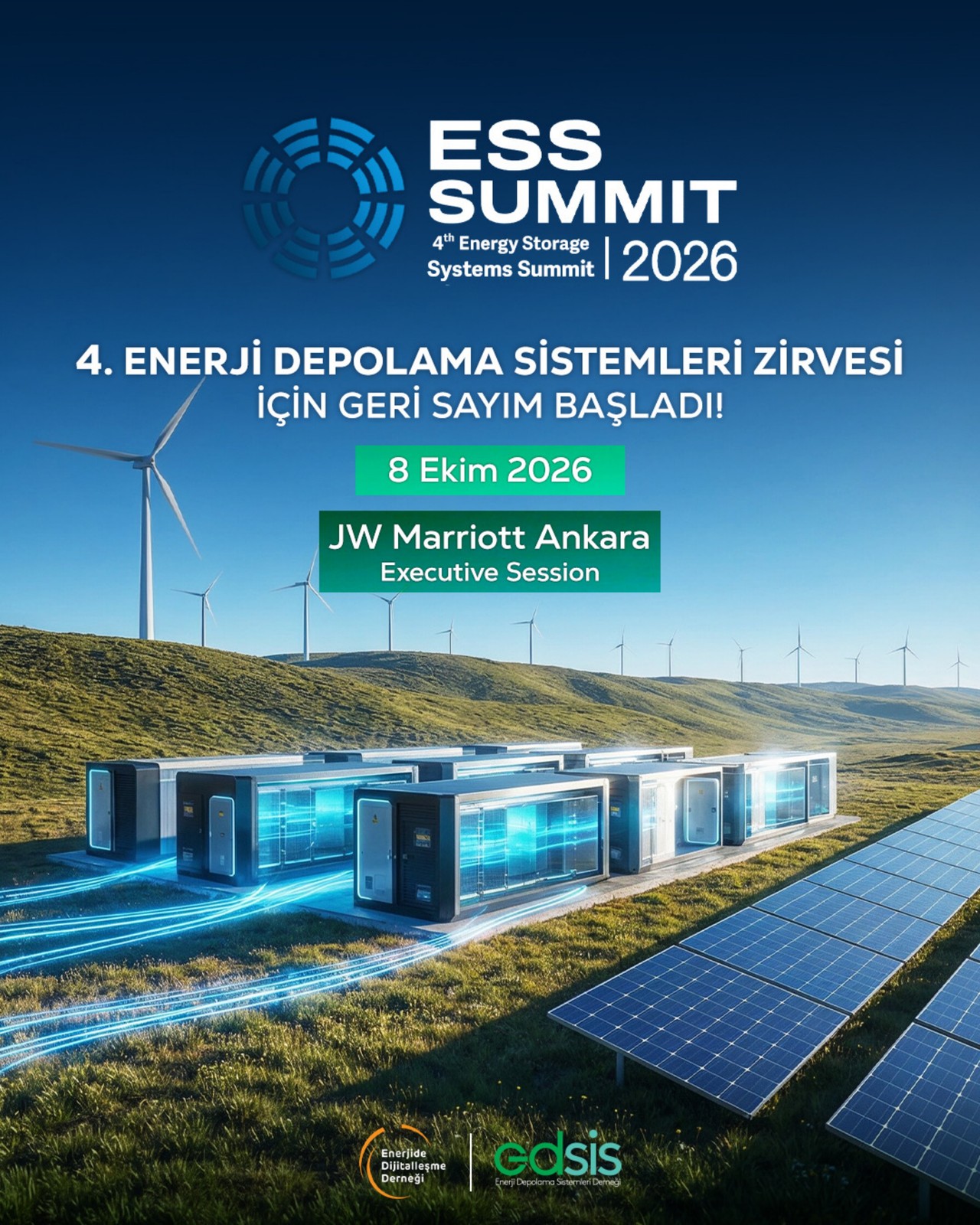 ESS Summit 2026 duyuru afişi: rüzgâr türbinleri ve güneş panelleri arasında batarya konteynerleri; 8 Ekim 2026, JW Marriott Ankara