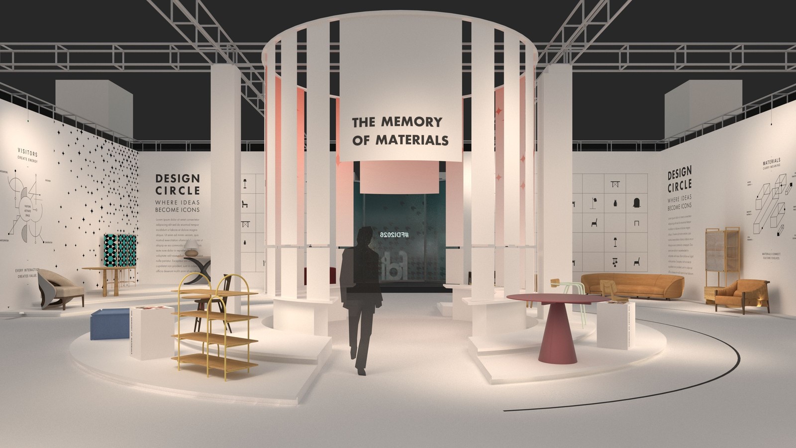 Fuar standının 3B görseli: sütunlu beyaz kurgu, The Memory of Materials pankartı ve mobilyalar