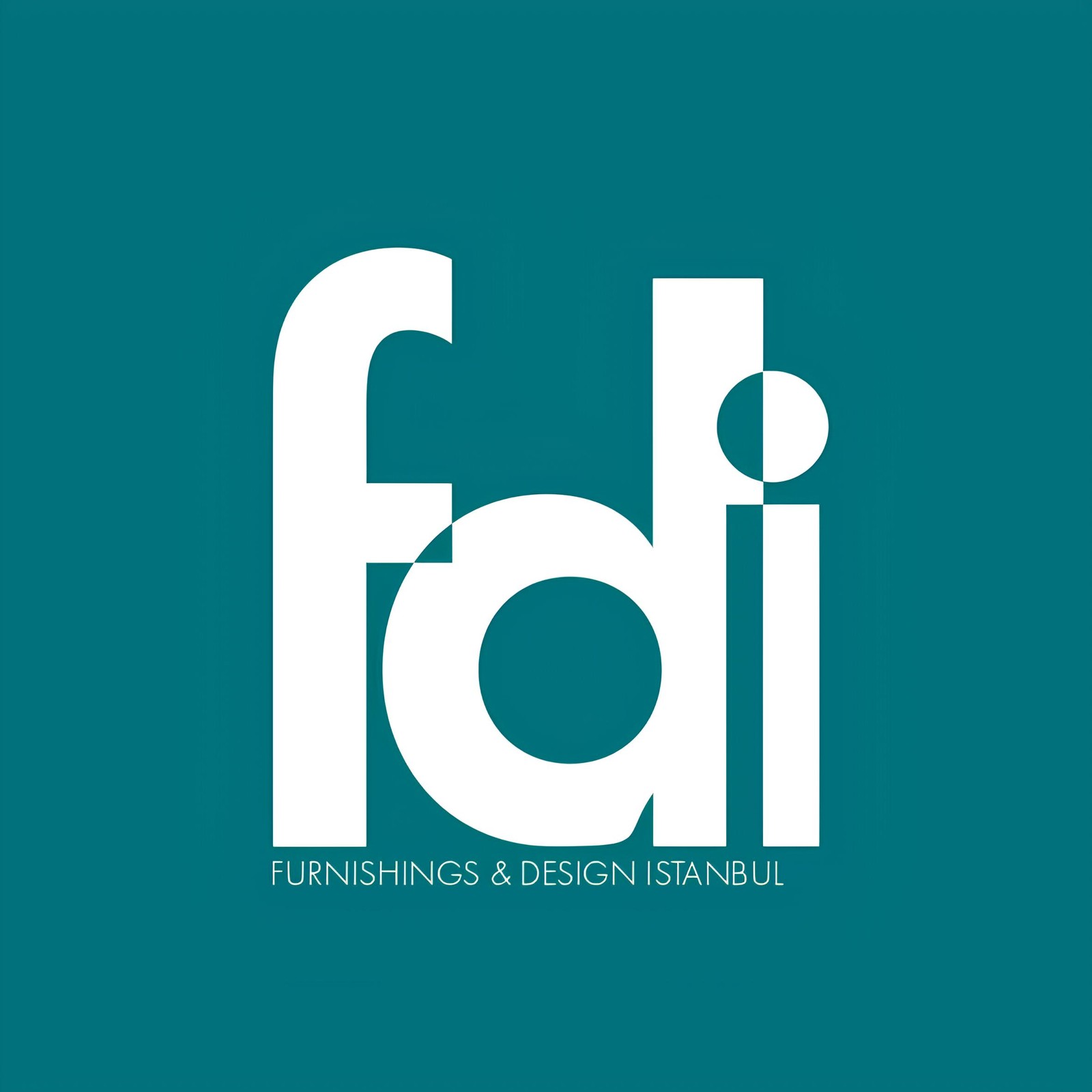 Deniz mavisi zemin üzerinde beyaz 'fdi' harf logosu; altında 'Furnishings & Design Istanbul' yazısı.