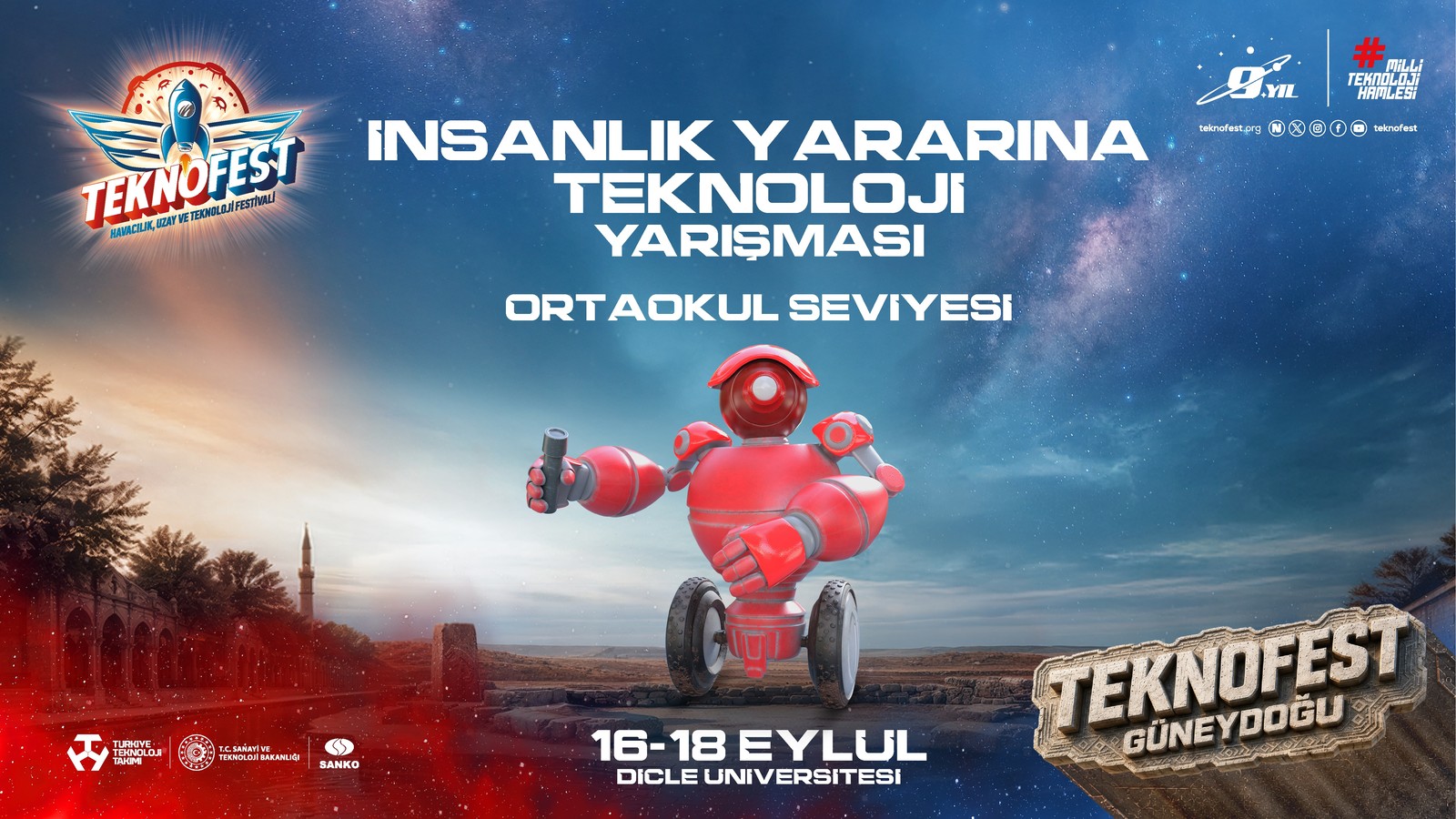 TEKNOFEST İnsanlık Yararına Teknoloji Yarışması ortaokul seviyesi afişi: kırmızı robot, 16-18 Eylül Dicle Üniversitesi