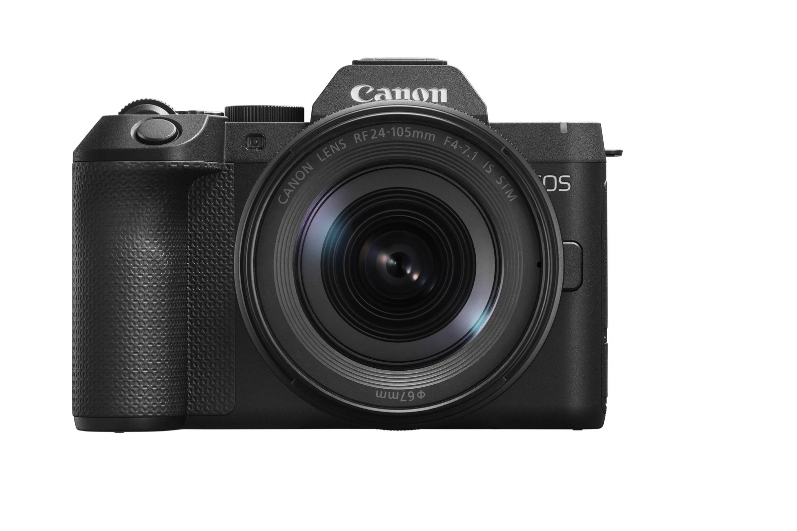 Beyaz zeminde önden görünen Canon EOS aynasız makine, RF 24-105 mm objektif takılı