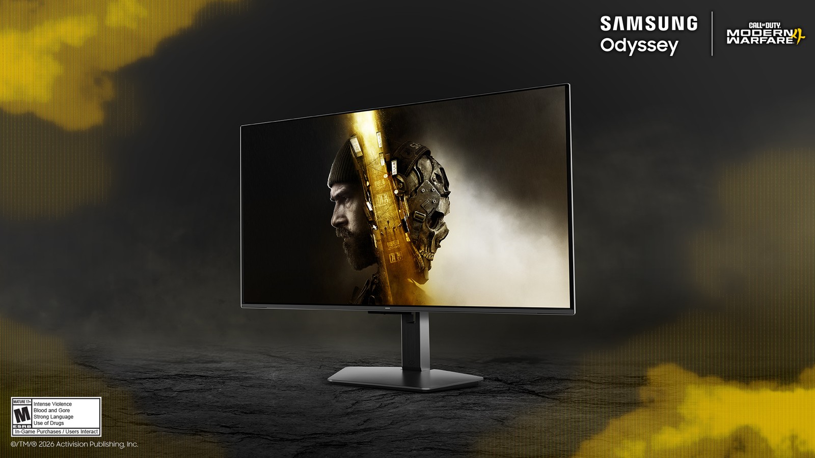 Samsung Odyssey monitörde Modern Warfare 4 anahtar görseli: asker yüzü ve kurukafa maskesi
