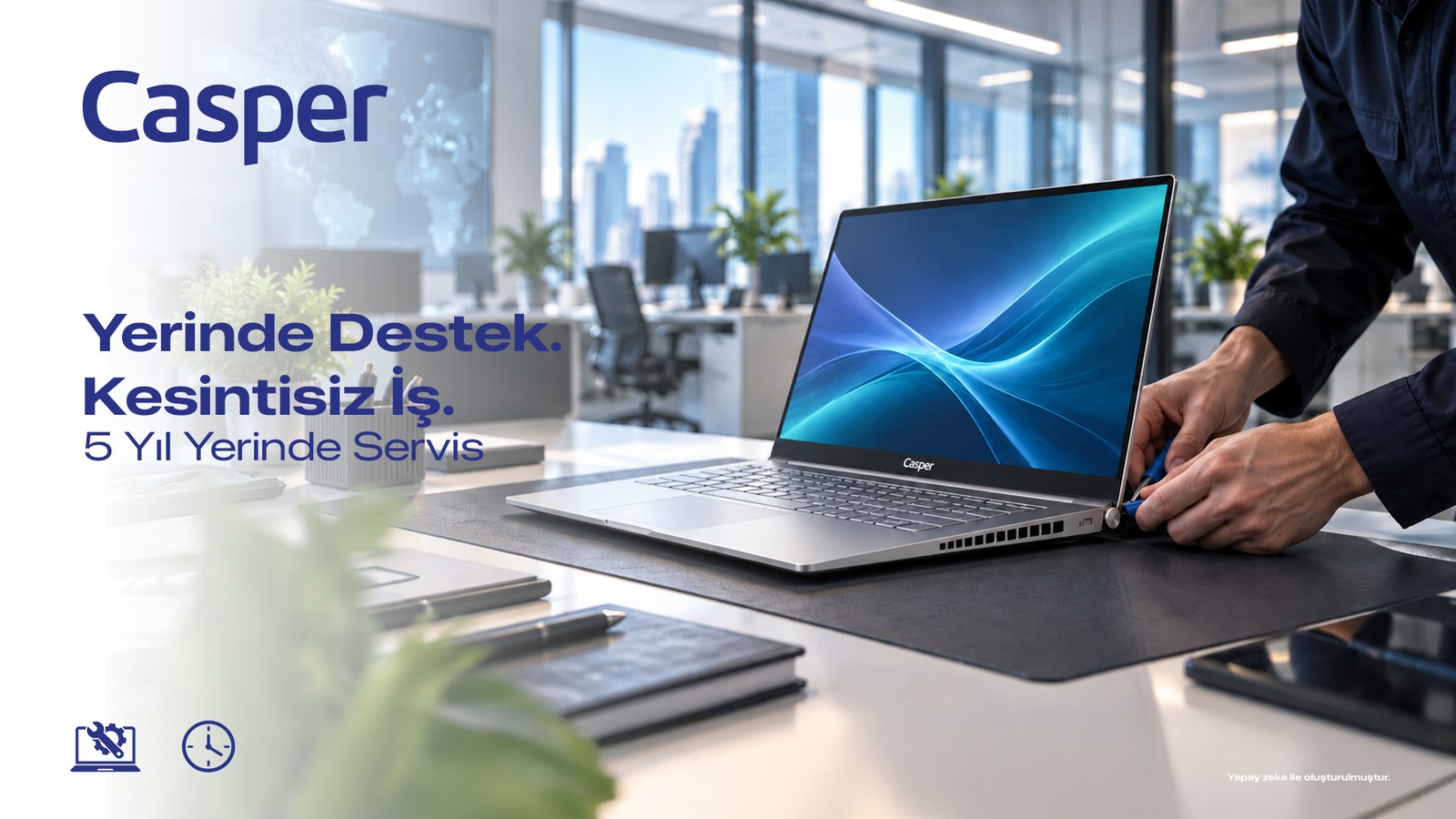 Casper dizüstü bilgisayar, yalnız elleri görünen teknisyen ve yerinde servis sloganı içeren tanıtım afişi var.