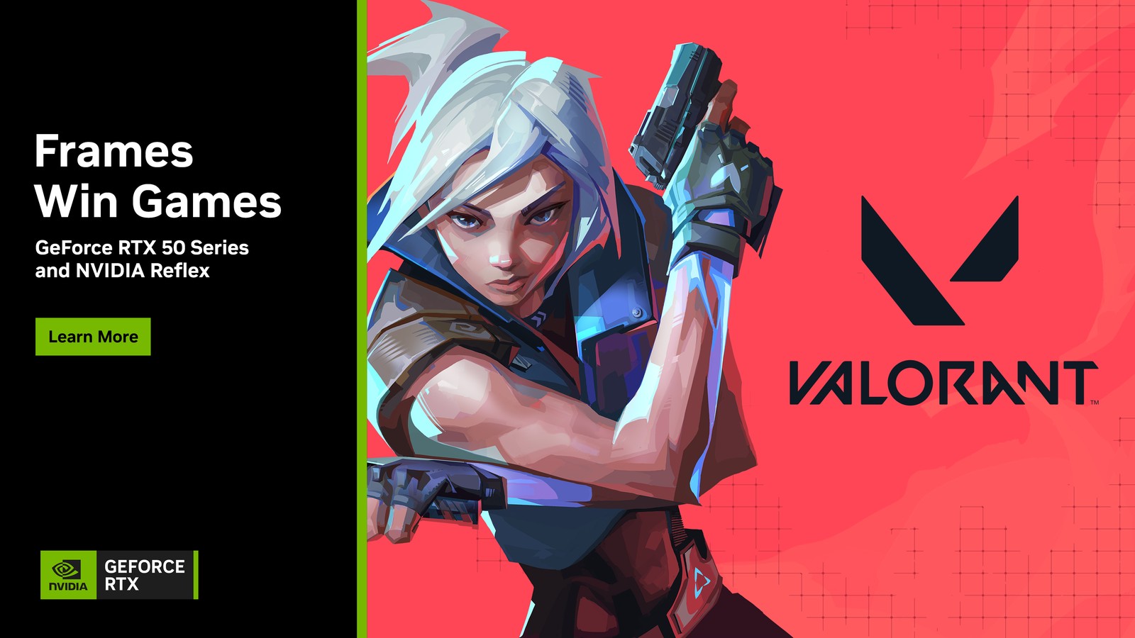 Valorant çizim karakteri ve GeForce RTX sloganını içeren kırmızı-siyah tanıtım afişi var.