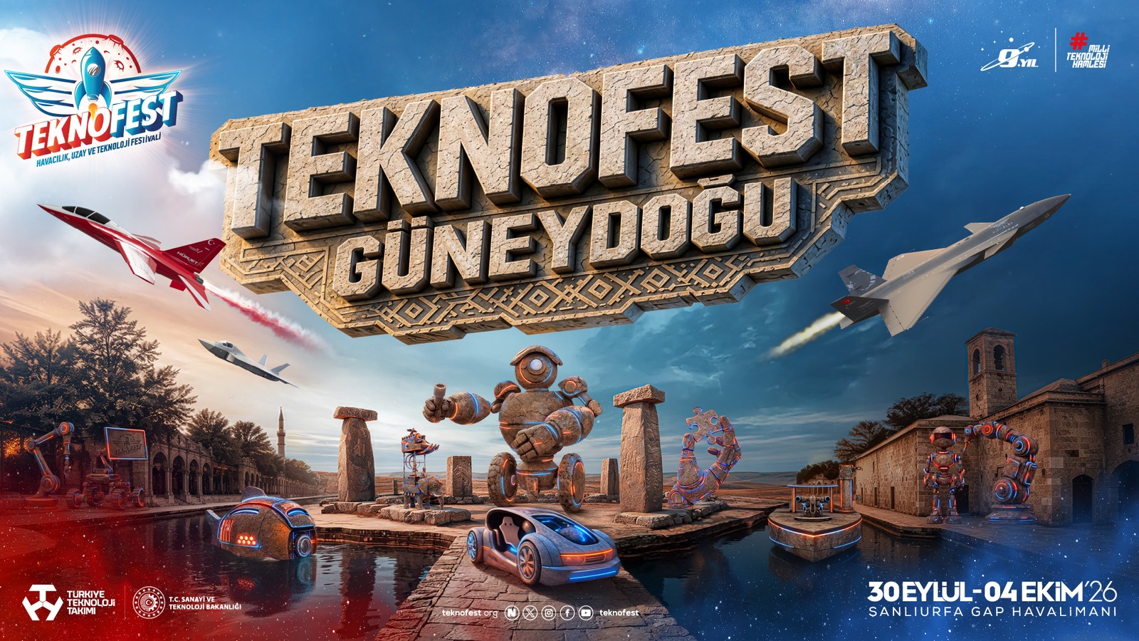 TEKNOFEST Güneydoğu adı, tarih ve havaalanı bilgisi bulunan yatay etkinlik afişi var.