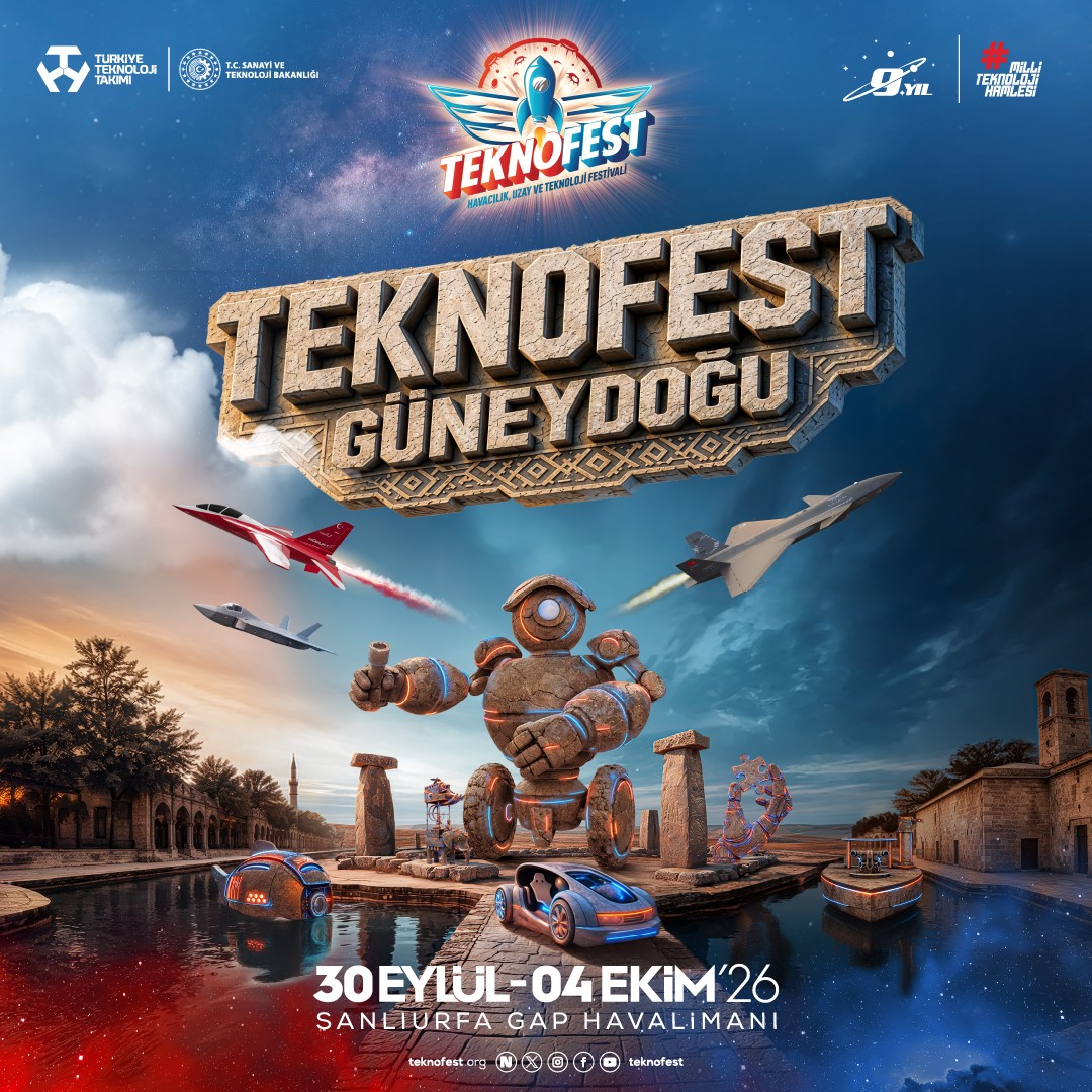 TEKNOFEST Güneydoğu için robot, uçaklar ve etkinlik tarihini içeren kare afiş görülüyor.