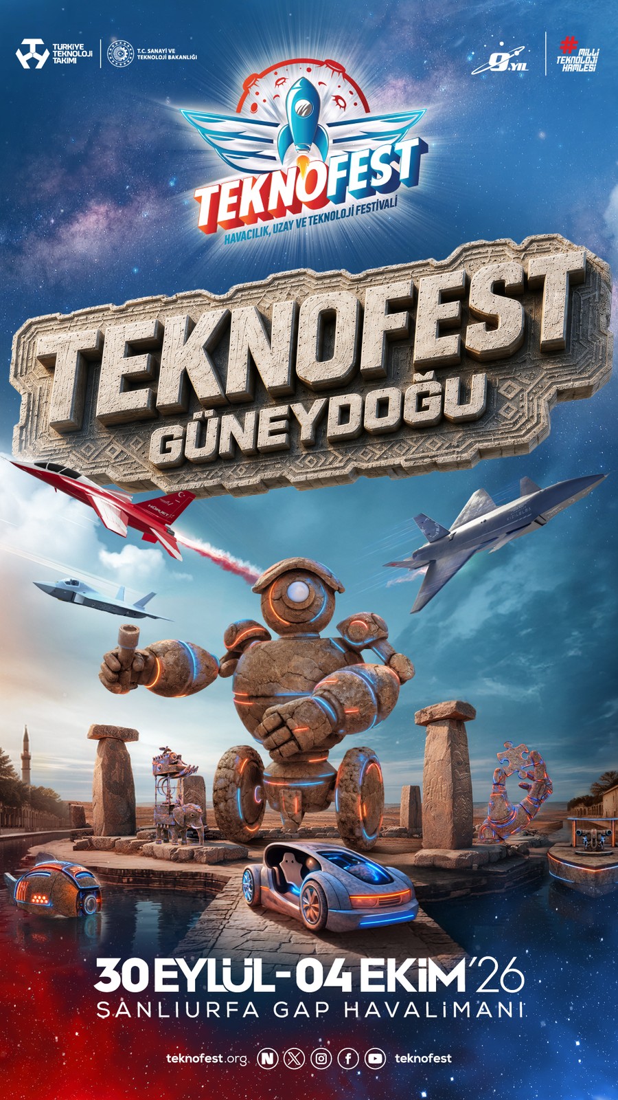 TEKNOFEST Güneydoğu etkinliğinin robotlu, uçaklı uzun dikey tanıtım afişi görülüyor.