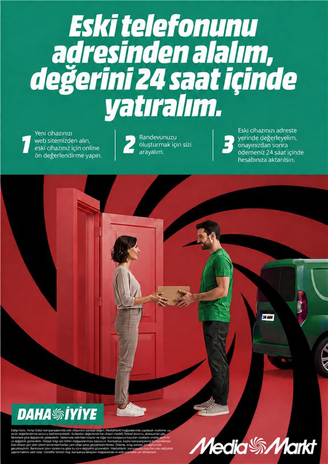 MediaMarkt eski cihaz geri alım hizmetinin metin ağırlıklı tanıtım afişi.