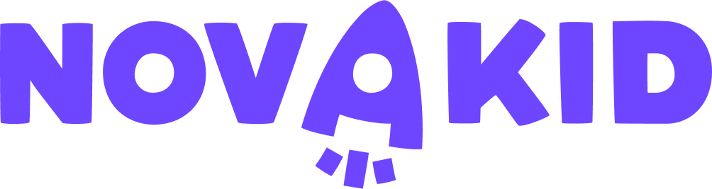 Roket biçimli harf içeren mor Novakid logosu
